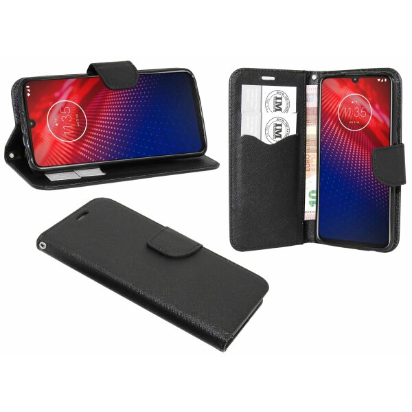 cofi1453® Buch Tasche "Fancy" kompatibel mit MOTOROLA MOTO Z4 Handy Hülle Etui Brieftasche Schutzhülle mit Standfunktion, Kartenfach Schwarz