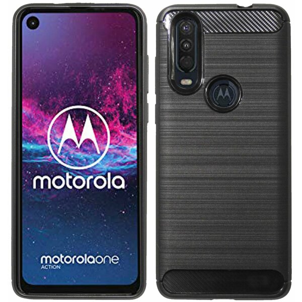 cofi1453® Silikon Hülle Carbon kompatibel mit MOTOROLA ONE ACTION TPU Case Soft Handyhülle Cover Schutzhülle Schwarz