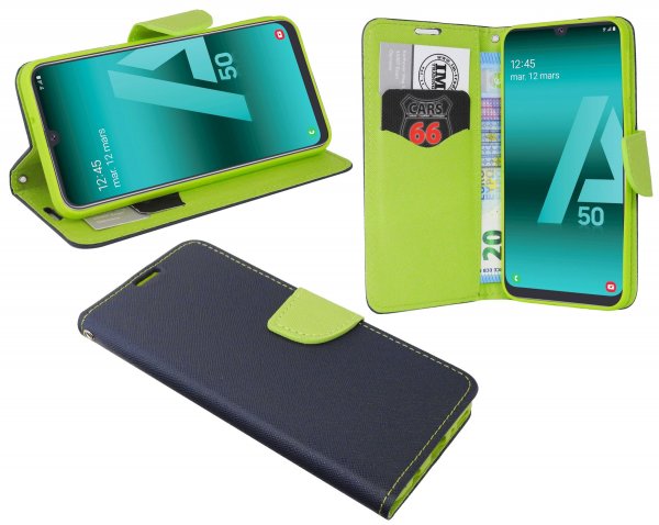 cofi1453® Buch Tasche "Fancy" kompatibel mit SAMSUNG GALAXY A30s (A307F) Handy Hülle Etui Brieftasche Schutzhülle mit Standfunktion, Kartenfach Blau-Grün