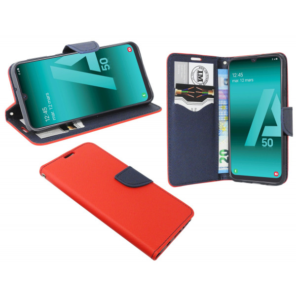 cofi1453® Buch Tasche "Fancy" kompatibel mit SAMSUNG GALAXY A30s (A307F) Handy Hülle Etui Brieftasche Schutzhülle mit Standfunktion, Kartenfach Rot-Blau