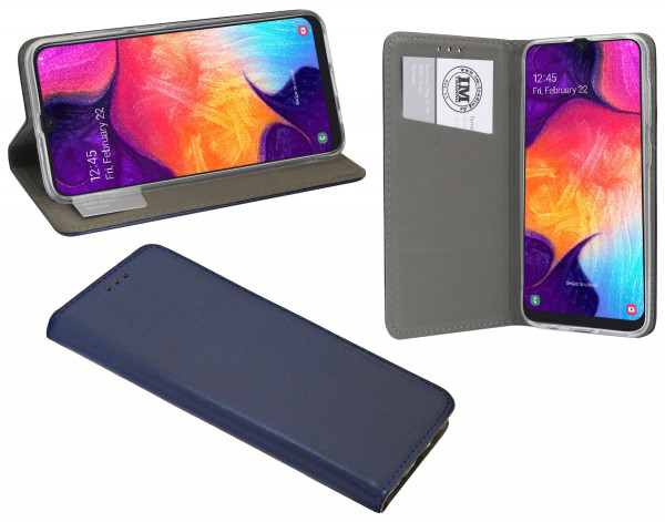 cofi1453® Buch Tasche "Prestige" kompatibel mit Samsung Galaxy A30s (A307F) Handy Hülle Etui Brieftasche Schutzhülle mit Standfunktion, Kartenfach Blau