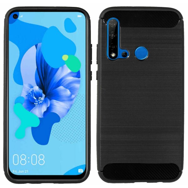 cofi1453® Silikon Hülle Bumper Carbon kompatibel mit HUAWEI P20 LITE 2019 Case TPU Soft Handyhülle Cover Schutzhülle Schwarz