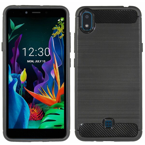 Silikon Hülle Bumper Carbon kompatibel mit LG K20 (2019) Case TPU Soft Handyhülle Cover Schutzhülle Schwarz