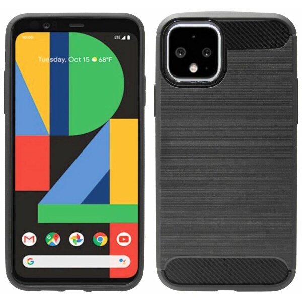 cofi1453® Silikon Hülle Bumper Carbon kompatibel mit GOOGLE PIXEL 4 Case TPU Soft Handyhülle Cover Schutzhülle Schwarz