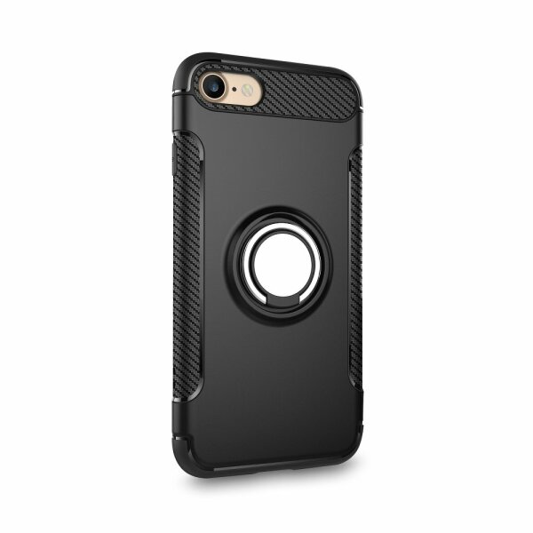 Premium Handy Hülle Carbon Schwarz Dezente Hybridgehäuse Schale Bumper Case Cover drehbarer Ring TPU 360 Grad Halter Ständer Magnetisch Outdoor kompatibel mit