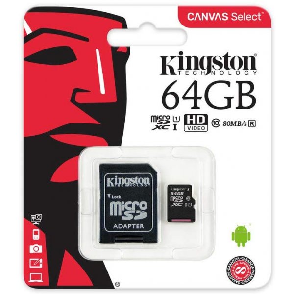 Kingston SDCS/64GB MicroSD Canvas Select Geschwindigkeiten der Klasse 10 UHS-I – bis zu 80 MB/s Lesezugriff (mit SD-Adapter)- Erwecken Sie HD-Videos zum Leben