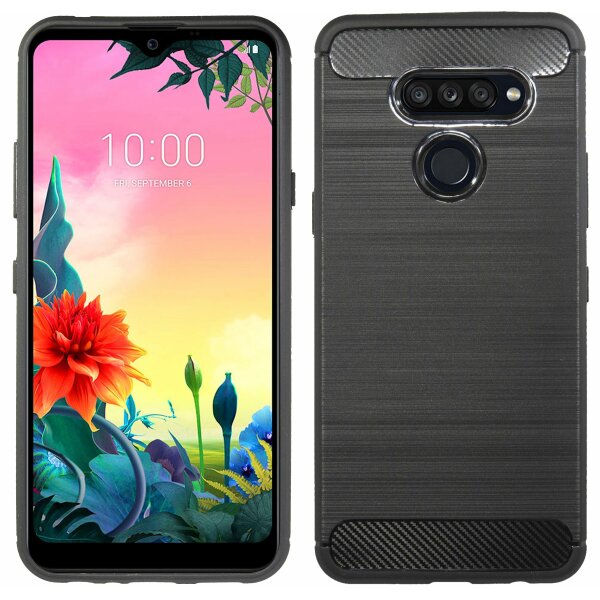 cofi1453® Silikon Hülle Bumper Carbon kompatibel mit LG K50S Case TPU Soft Handyhülle Cover Schutzhülle Schwarz