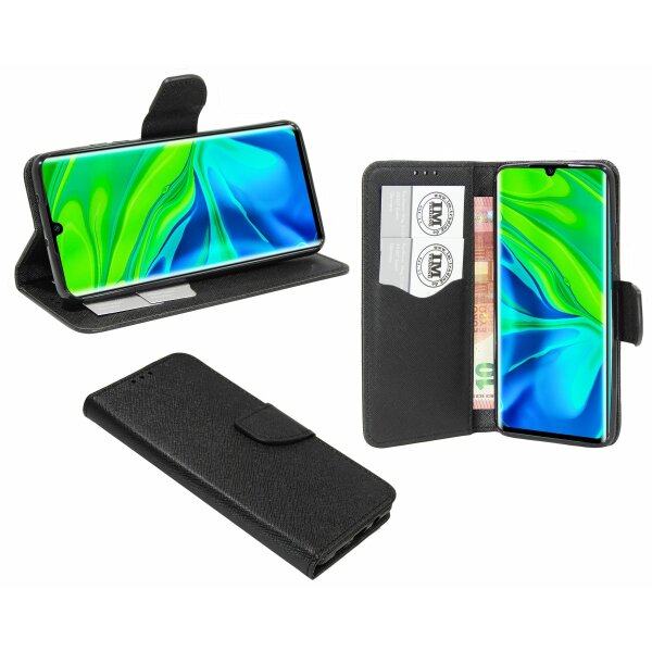 cofi1453® Buch Tasche "Fancy" kompatibel mit XIAOMI MI NOTE 10 Handy Hülle Etui Brieftasche Schutzhülle mit Standfunktion, Kartenfach Schwarz