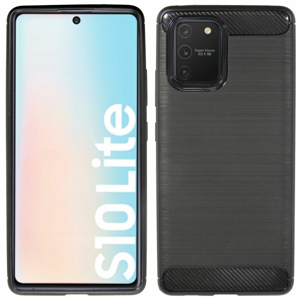 cofi1453® Silikon Hülle Bumper Carbon kompatibel mit SAMSUNG GALAXY S10 LITE (G770F) Case TPU Soft Handyhülle Cover Schutzhülle Schwarz