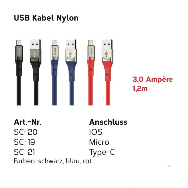 Sunix Anti-Bruch Nylon Ladekabel 3A Datenkabel Schnell Ladegerät Lade Kabel Schnellladekabel 1,2 Meter in Schwarz, Rot, Blau