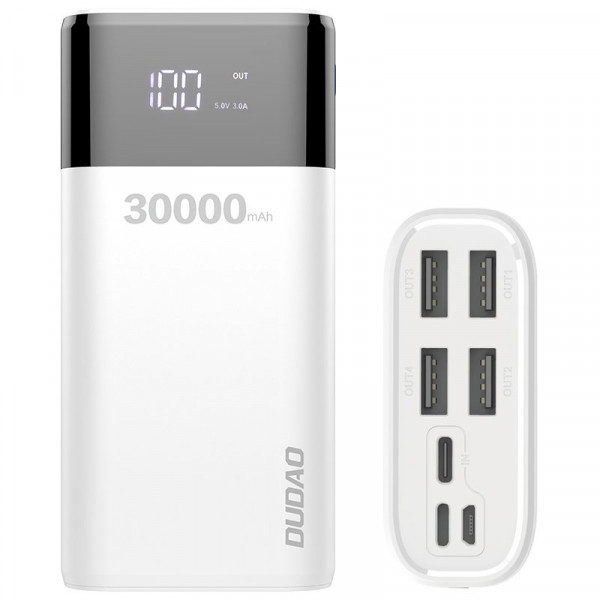 Powerbank 30000mAh Extrem Hohe Kapazität, Externer Akku mit 4 Output USB Schnellladung Max 4A , Akkupack mit LED Anzeige Externes Ladegerät kompatibel mit Handy, Tablet, Smartphone in weiß