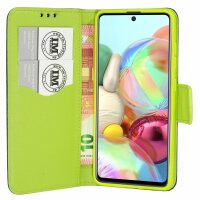 cofi1453® Buch Tasche "Fancy" kompatibel mit SAMSUNG GALAXY A71 (A715F) Handy Hülle Etui Brieftasche Schutzhülle mit Standfunktion, Kartenfach Blau-Grün