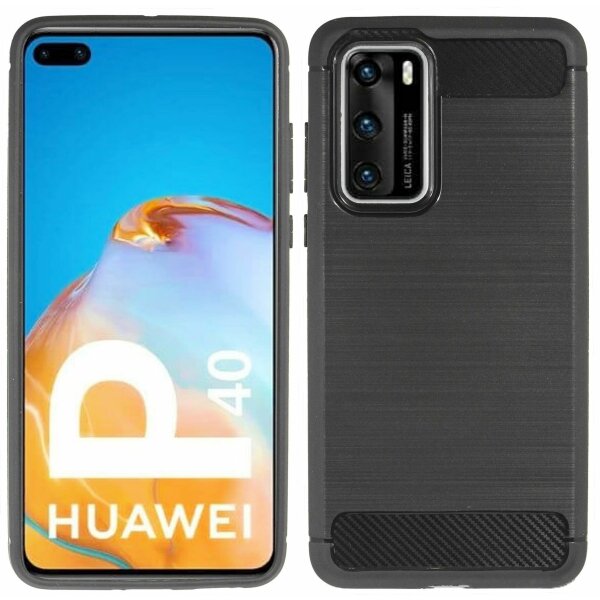 cofi1453® Silikon Hülle Bumper Carbon kompatibel mit Huawei P40 Case TPU Soft Handyhülle Cover Schutzhülle Schwarz