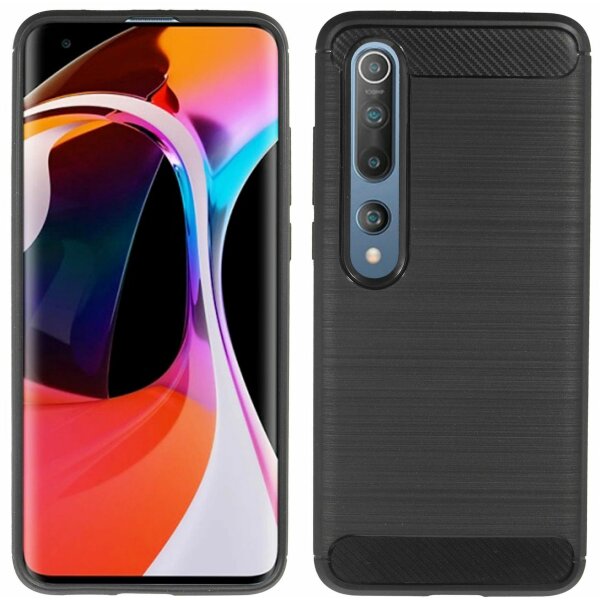 cofi1453® Silikon Hülle Bumper Carbon kompatibel mit XIAOMI MI 10 PRO Case TPU Soft Handyhülle Cover Schutzhülle Schwarz