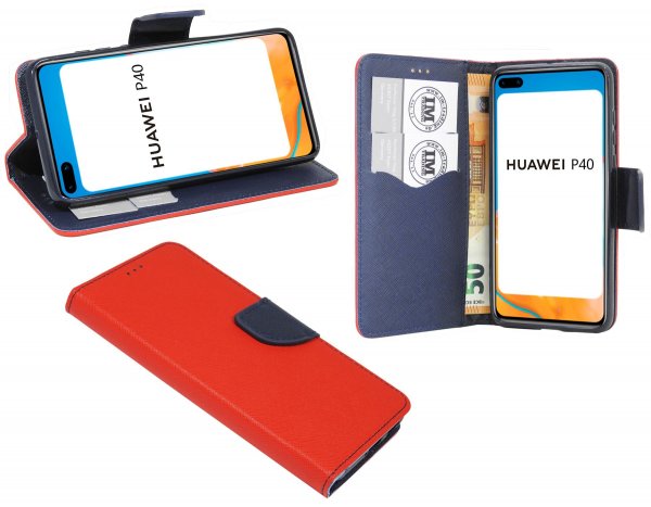 cofi1453® Buch Tasche "Fancy" kompatibel mit Huawei P40 Handy Hülle Etui Brieftasche Schutzhülle mit Standfunktion, Kartenfach Rot-Blau