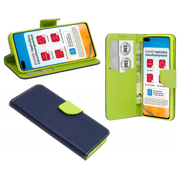 cofi1453® Buch Tasche "Fancy" kompatibel mit Huawei P40 Handy Hülle Etui Brieftasche Schutzhülle mit Standfunktion, Kartenfach Blau-Grün