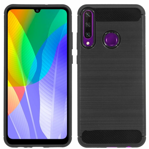 cofi1453® Silikon Hülle Bumper Carbon kompatibel mit Huawei Y6P Case TPU Soft Handyhülle Cover Schutzhülle Schwarz