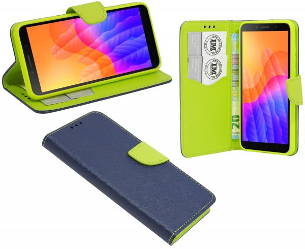 cofi1453® Buch Tasche "Fancy" kompatibel mit Huawei Y5P Handy Hülle Etui Brieftasche Schutzhülle mit Standfunktion, Kartenfach Blau-Grün