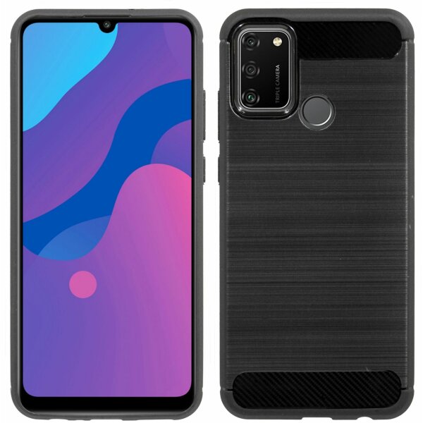 cofi1453® Silikon Hülle Bumper Carbon kompatibel mit HONOR 9A Case TPU Soft Handyhülle Cover Schutzhülle Schwarz