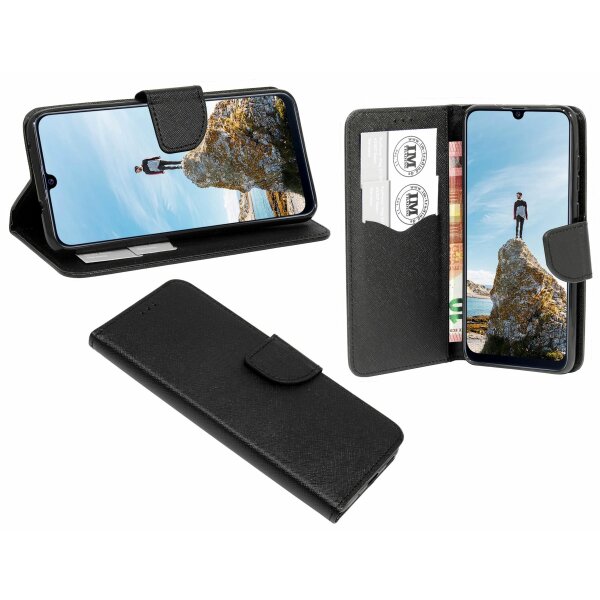 cofi1453® Buch Tasche "Fancy" kompatibel mit SAMSUNG GALAXY M21 (M215F) Handy Hülle Etui Brieftasche Schutzhülle mit Standfunktion, Kartenfach Schwarz