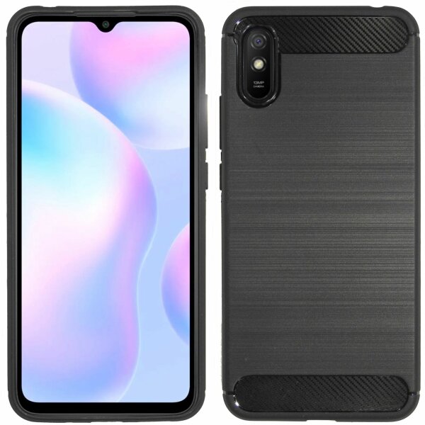 cofi1453® Silikon Hülle Carbon kompatibel mit XIAOMI REDMI 9A Case TPU Soft Handyhülle Cover Schutzhülle Schwarz