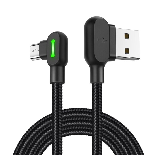 cofi1453® LED 90 Grad Micro-USB M Ladekabel Winkel USB Kabel abgewinkelt Nylon geflochten Schnellladegerät Daten Sync L Form Kabeladapter kompatibel mit Android