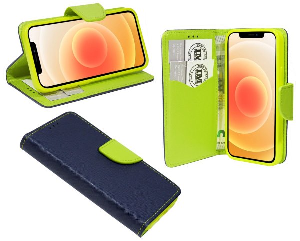 cofi1453® Buch Tasche "Fancy" kompatibel mit iPhone 12 Mini Handy Hülle Etui Brieftasche Schutzhülle mit Standfunktion, Kartenfach Blau-Grün