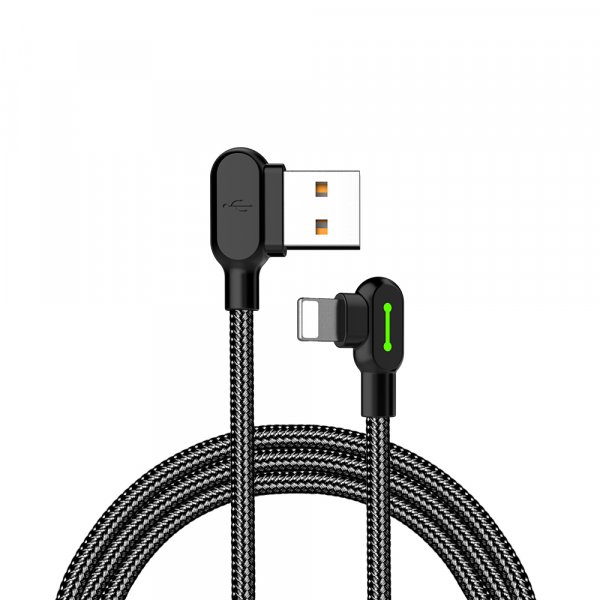 Mcdodo LED 90 Grad 0.5M Ladekabel Winkel USB Kabel abgewinkelt Nylon geflochten Schnellladegerät Daten Sync L Form Kabeladapter kompatibel mit iOS in Schwarz