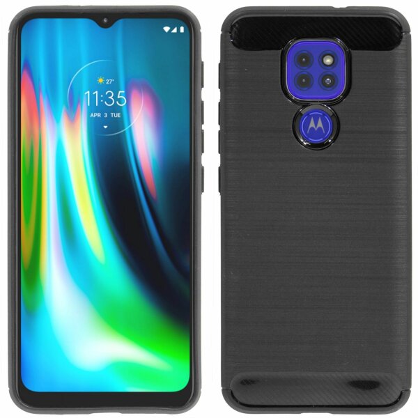 cofi1453 Silikon Hülle Carbon kompatibel mit MOTOROLA MOTO G9 PLAY TPU Case Soft Handyhülle Cover Schutzhülle Schwarz