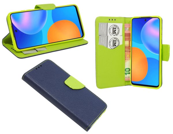 cofi1453® Buch Tasche "Fancy" kompatibel mit HUAWEI P SMART 2021 Handy Hülle Etui Brieftasche Schutzhülle mit Standfunktion, Kartenfach Blau-Grün