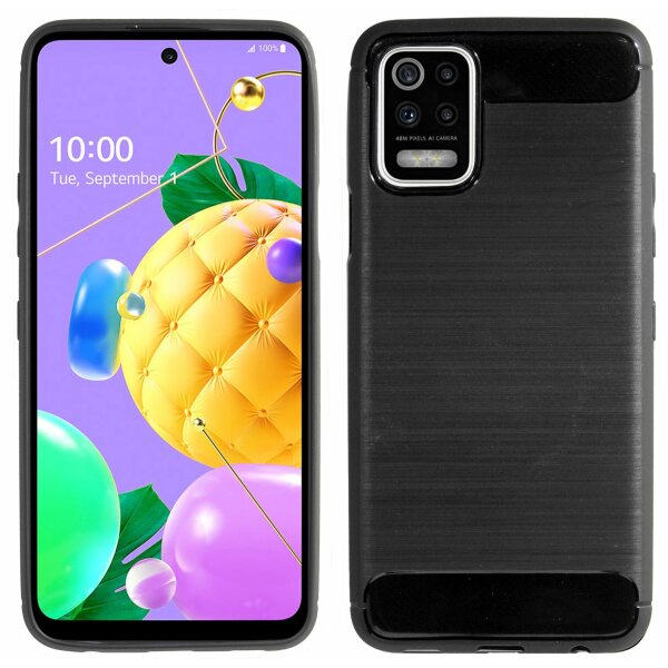 cofi1453® Silikon Hülle Bumper Carbon kompatibel mit LG K52 Case TPU Soft Handyhülle Cover Schutzhülle Schwarz