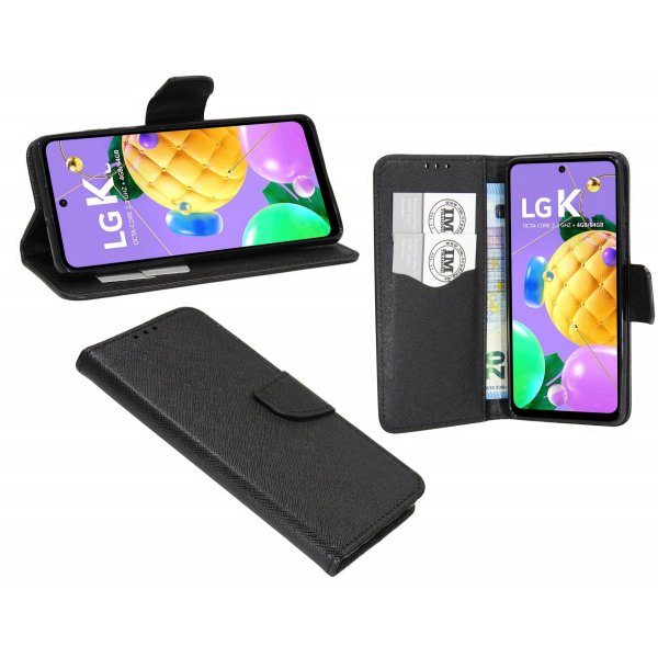 cofi1453® Buch Tasche "Fancy" kompatibel mit LG K42 Handy Hülle Etui Brieftasche Schutzhülle mit Standfunktion, Kartenfach Schwarz