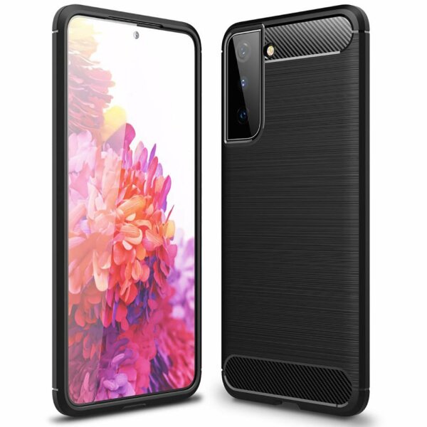 cofi1453® Silikon Hülle Bumper Carbon kompatibel mit SAMSUNG GALAXY S21 PLUS (G996F) Case TPU Soft Handyhülle Cover Schutzhülle Schwarz