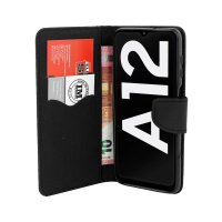 cofi1453® Buch Tasche "Fancy" kompatibel mit SAMSUNG GALAXY A12 (A125F) Handy Hülle Etui Brieftasche Schutzhülle mit Standfunktion, Kartenfach Schwarz