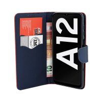 cofi1453® Buch Tasche "Fancy" kompatibel mit SAMSUNG GALAXY A12 (A125F) Handy Hülle Etui Brieftasche Schutzhülle mit Standfunktion, Kartenfach Rot-Blau