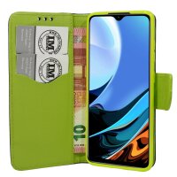 cofi1453® Buch Tasche "Fancy" kompatibel mit XIAOMI REDMI 9T Handy Hülle Etui Brieftasche Schutzhülle mit Standfunktion, Kartenfach Blau-Grün