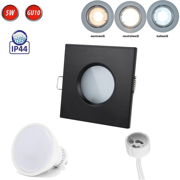 Feuchtraum IP65 Einbaustrahler GU10 Einbaurahmen Downlight Wasserdicht Ø73mm Bohrloch Aluminium inkl. GU10 Fassung für LED Leuchtmittel, Eckig, Schwarz