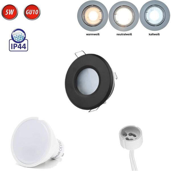 Feuchtraum IP65 Einbaustrahler GU10 Einbaurahmen Downlight Wasserdicht Ø83mm Bohrloch Aluminium inkl. GU10 Fassung für LED Leuchtmittel, Rund, Schwarz