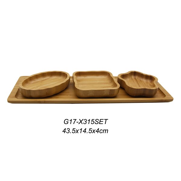 Schäfer Bambus Bambusbrett 43,5 x 14,5 x 4 cm Snackschalen 4er Set St.Trapez Servier-Schale für Snacks, Dipps, Nüsse