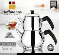 HOFFMANNS Home & More Teekanne 18/10 Edelstahl Caydanlik Teekocher Rostfrei Wasser/Tee-Kessel Griff Schwarz