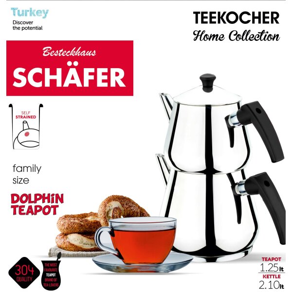 Schäfer Teekanne Edelstahl Caydanlik Teekocher Rostfrei Wasser/Tee-Kessel Wasserkessel 2,10L, Teekessel 1.25L Griff Schwarz