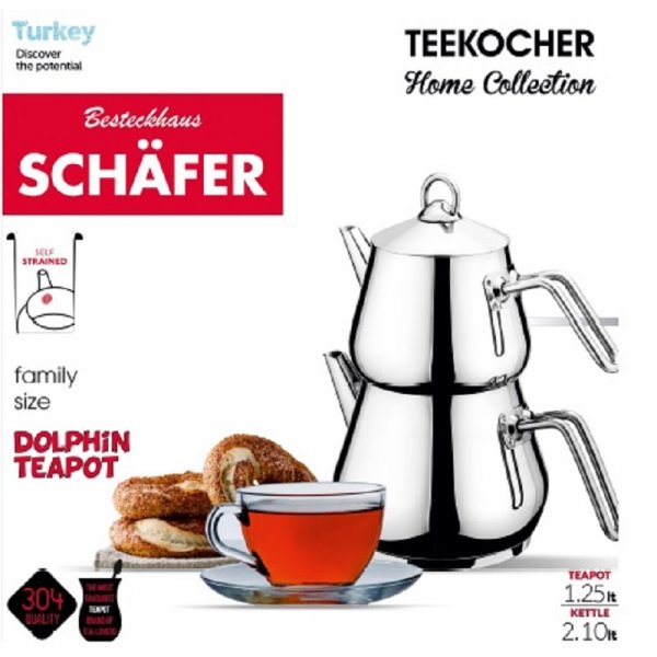 Schäfer Teekanne Edelstahl Caydanlik Teekocher Rostfrei Wasser/Tee-Kessel Wasserkessel 2,10L, Teekessel 1.25L Griff Silber