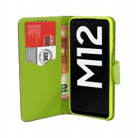 Buch Tasche "Fancy" kompatibel mit SAMSUNG GALAXY M12 (M127F) Handy Hülle Etui Brieftasche Schutzhülle mit Standfunktion, Kartenfach Blau-Grün