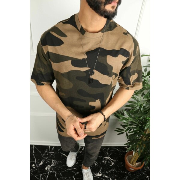 Oversize Herren T-Shirt Long-Tee Basic Shirt Longshirt Premium Qualität Tops Kurzarm Fashion Camouflage Dunkel