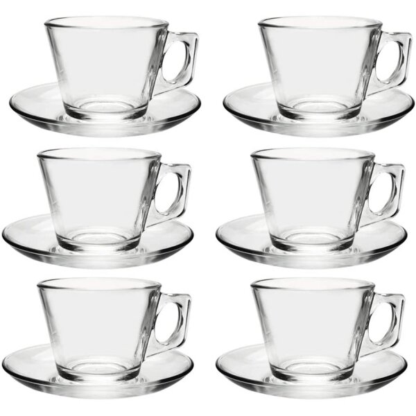 Pasabahce Vela 6er Set Teetassen-Service mit Tellerchen, Glas, Transparent Teegläser-Set mit Untertasse Tee Cappuccino Glas