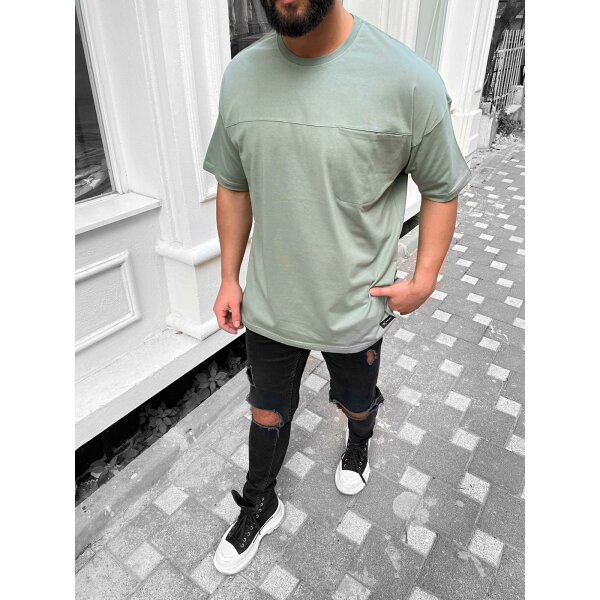 Megaman Oversize Herren T-Shirt mit Tasche Long-Tee Basic Shirt Longshirt Premium Qualität Tops Kurzarm Fashion Olivengrün