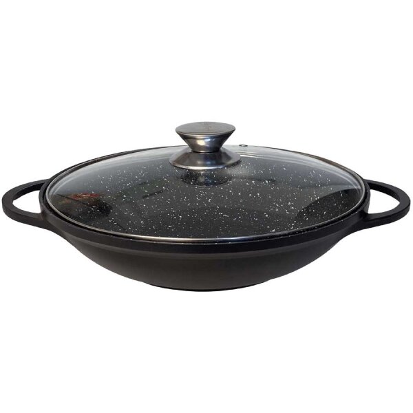 WOK Wokpfanne Woktopf Silikongriffe Induktion 36cm Aluguss mit Deckel Bratpfanne Marmorbeschichtung