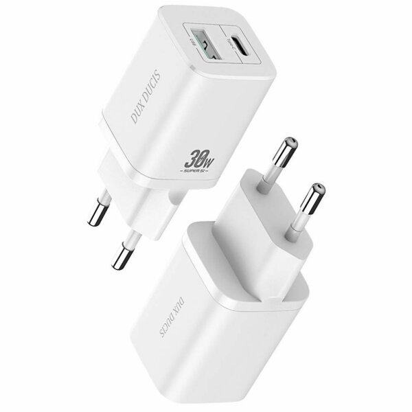 Dux Ducis 3A Quick Charger 30W Schnell-Ladegerät Netzteil Handy Ladegerät PD+QC3.0 USB + USB Typ-C 3.0 kompatibel mit Smartphone weiß