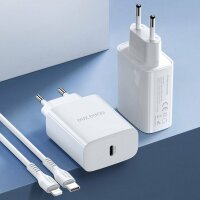 Dux Ducis 3A Quick Charger 20W Schnell-Ladegerät Netzteil Handy Ladegerät USB Typ-C 3.0 + iPhone Ladekabel weiß