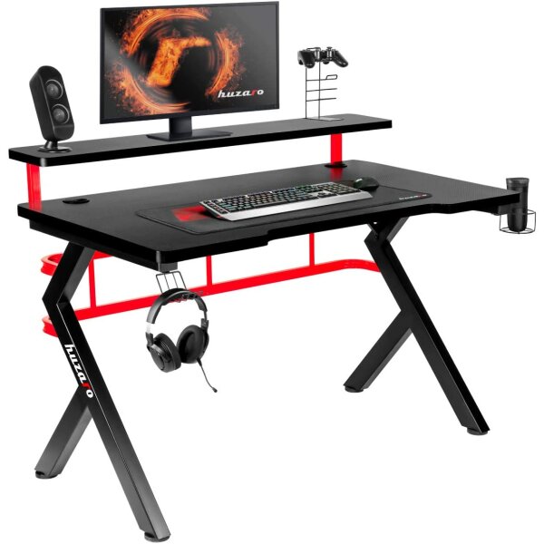 huzaro Black Hero 5.0 Gaming Tisch Schreibtisch PC Computer Schreibtisch ergonomische Kohle Tisch Platte Kopfhörer Haken Tasse Halter rutschfesten Fußschutz120 x 60 x 70 cm Standard, rot